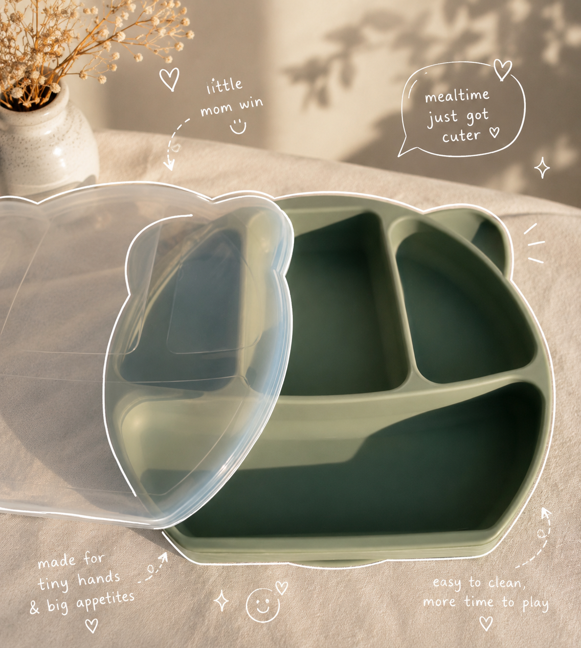 Silicone Suction Divided Plate with Lid | 7 Colours | FREE Snack & Drink Cup