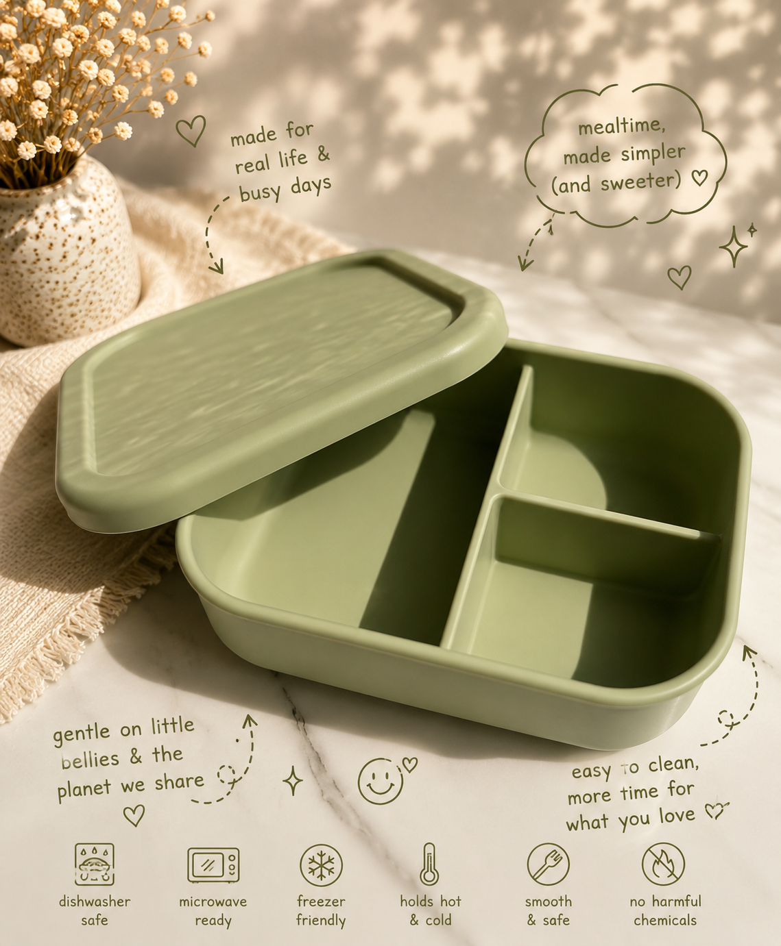 Silicone Lunch Box with 3 Compartments | BPA-Free Food Container