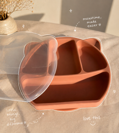 Silicone Suction Divided Plate with Lid | 7 Colours | FREE Snack & Drink Cup