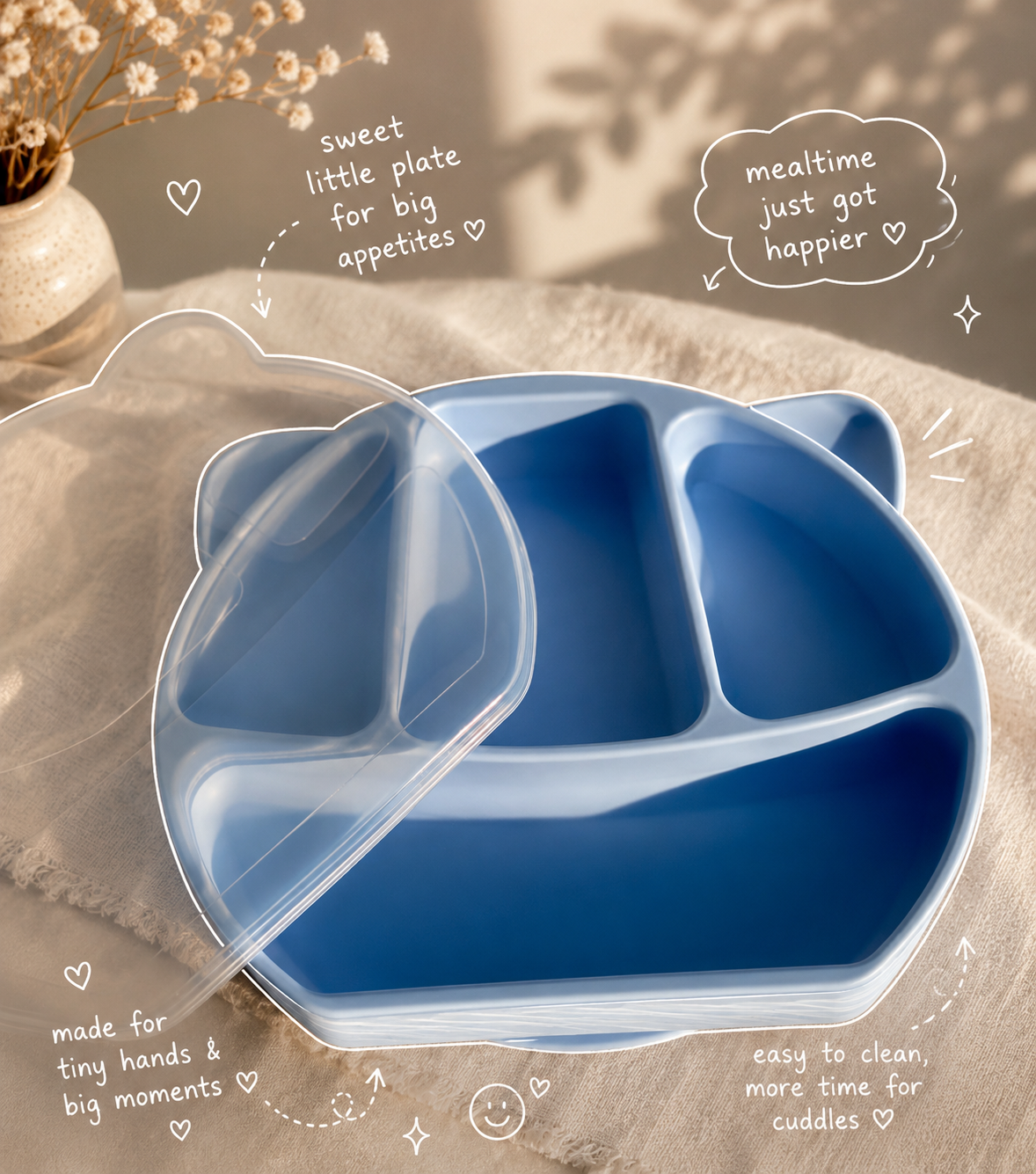Silicone Suction Divided Plate with Lid | 7 Colours | FREE Snack & Drink Cup
