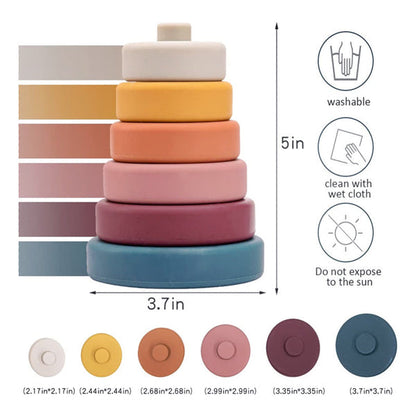 Colorful stackable rings with dimensions and care instructions on a white background