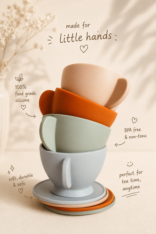 Four pastel-colored silicone teacups stacked on matching saucers, with handwritten marketing text around them on a warm beige background.